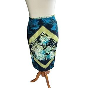 Vintage CLIO Straight Skirt Size 10 Blue and Lime Green Tropical Print